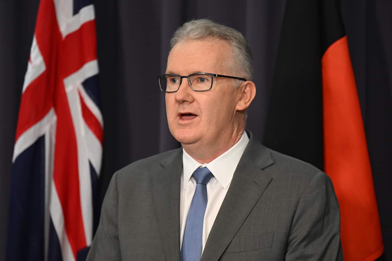 A man wearing a suit. There is an Australian flag in the background.