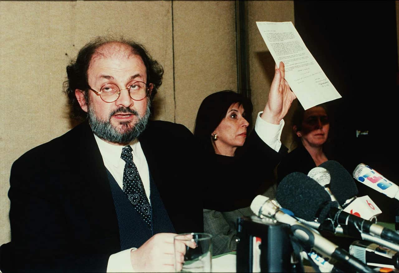 British writer Salman Rushdie at a news conference in Paris.