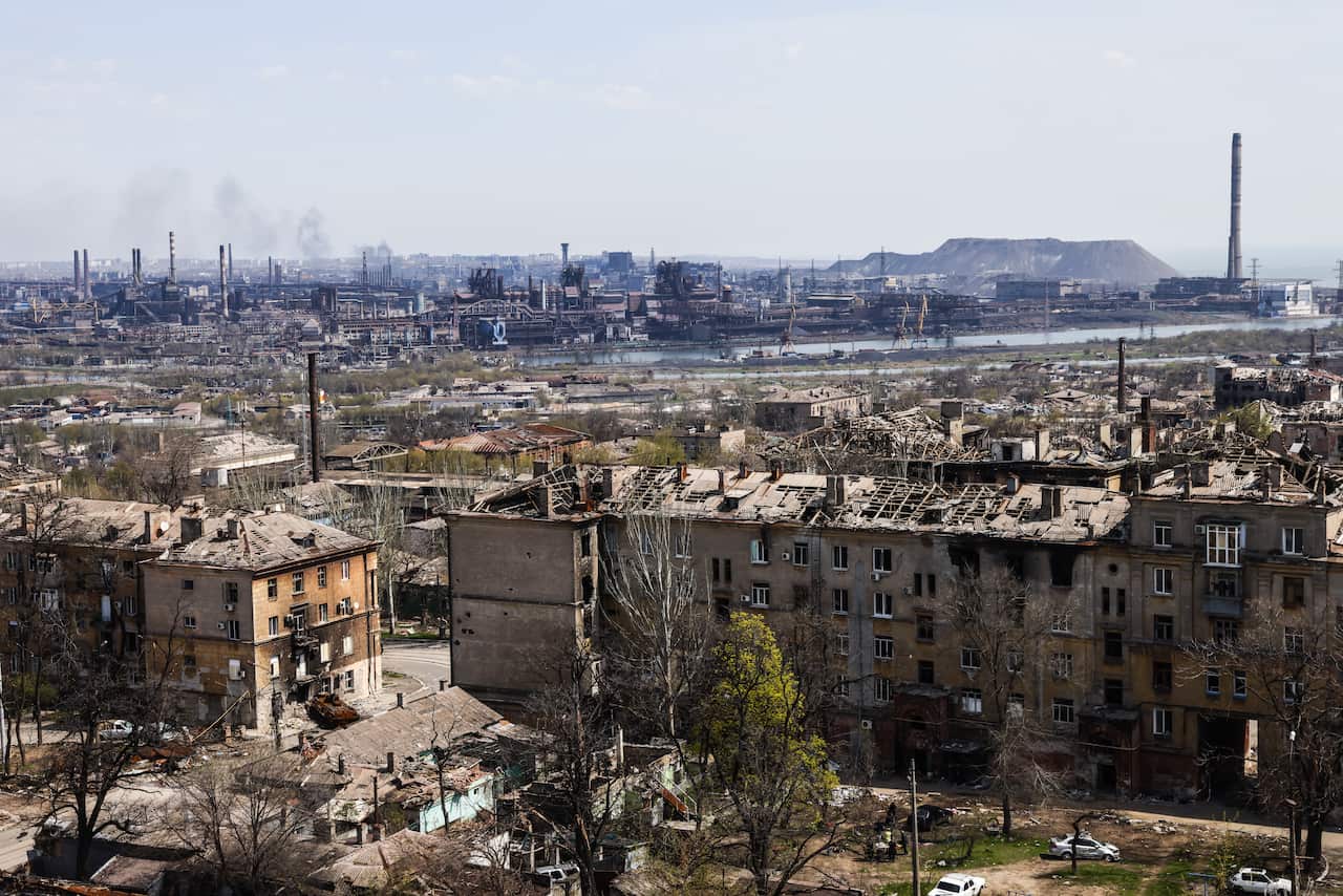 A distant view of the premises of Azovstal Iron and Steel Works in the embattled city of Mariupol.