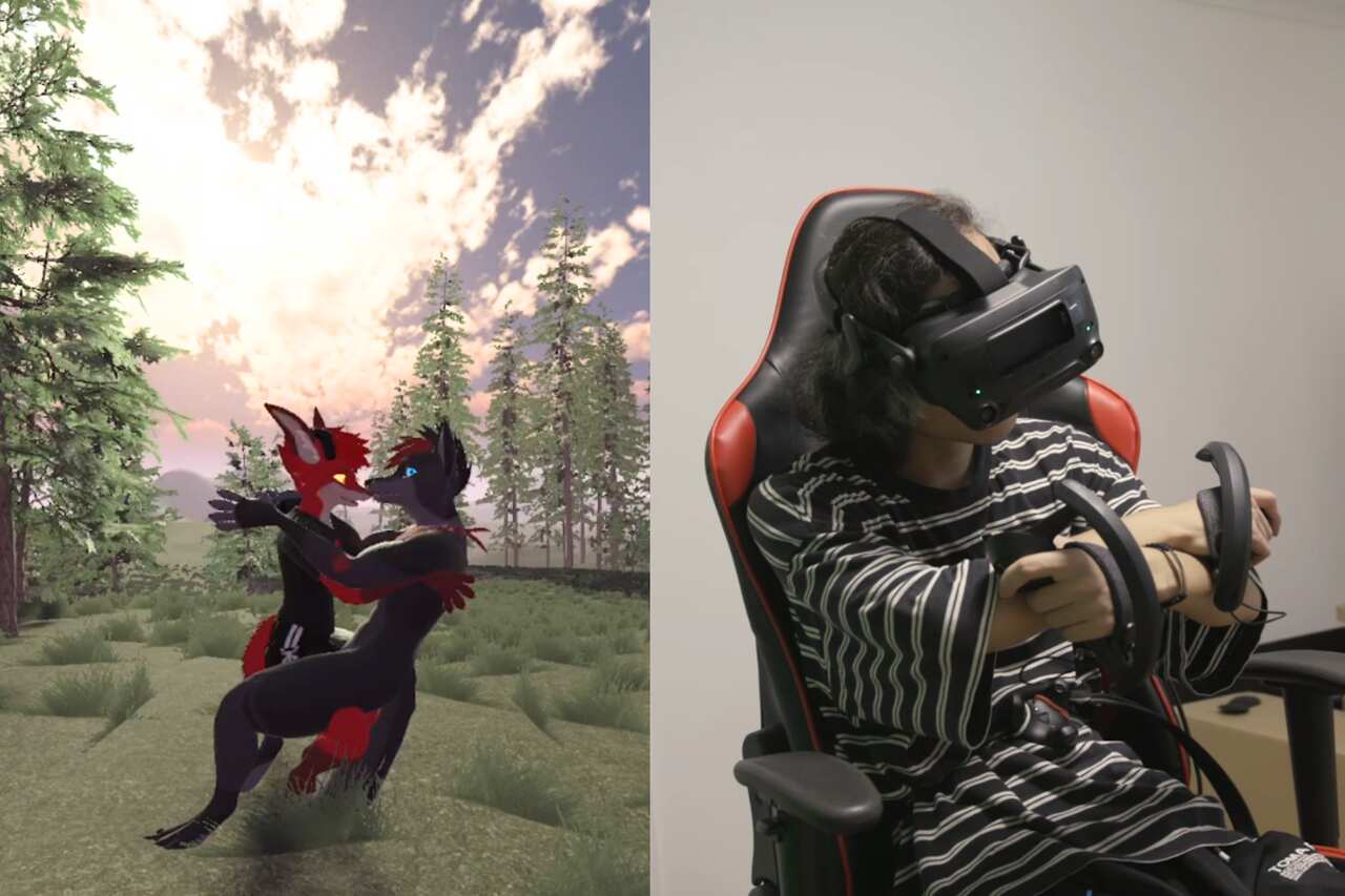 Left: two canine-like virtual avatars embracing in a VR forest world. Right: a man in a gaming chair embraces the air while wearing a VR headet and holding two controllers