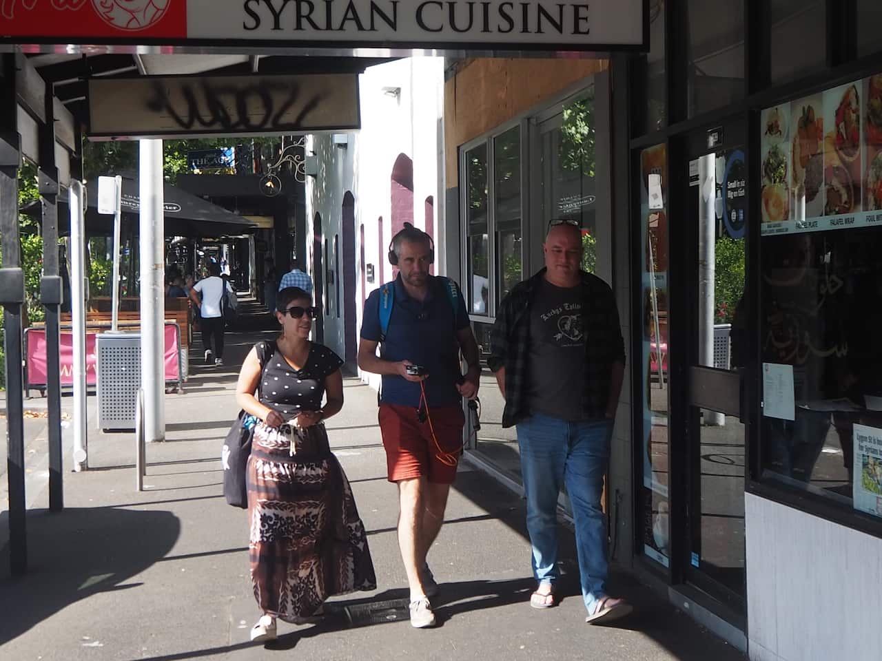 Dr Anna Sergi, Carlo Oreglia and The Age journalist Chris Vedelago exploring Lygon street's secrets.