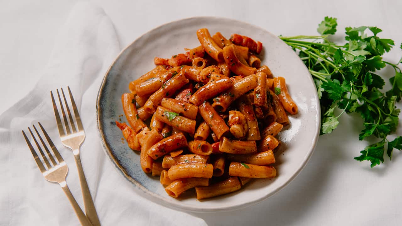 Smoky prawn, bacon & paprika rigatoni
