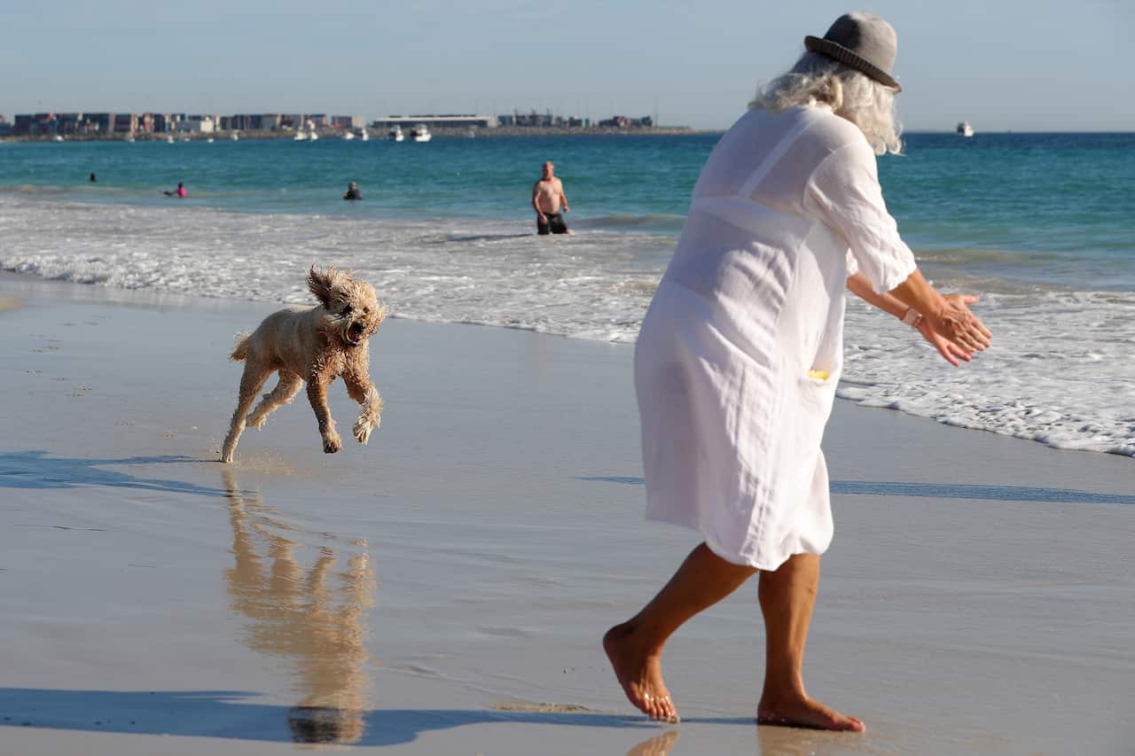 A dog running towards a woman on the beach.