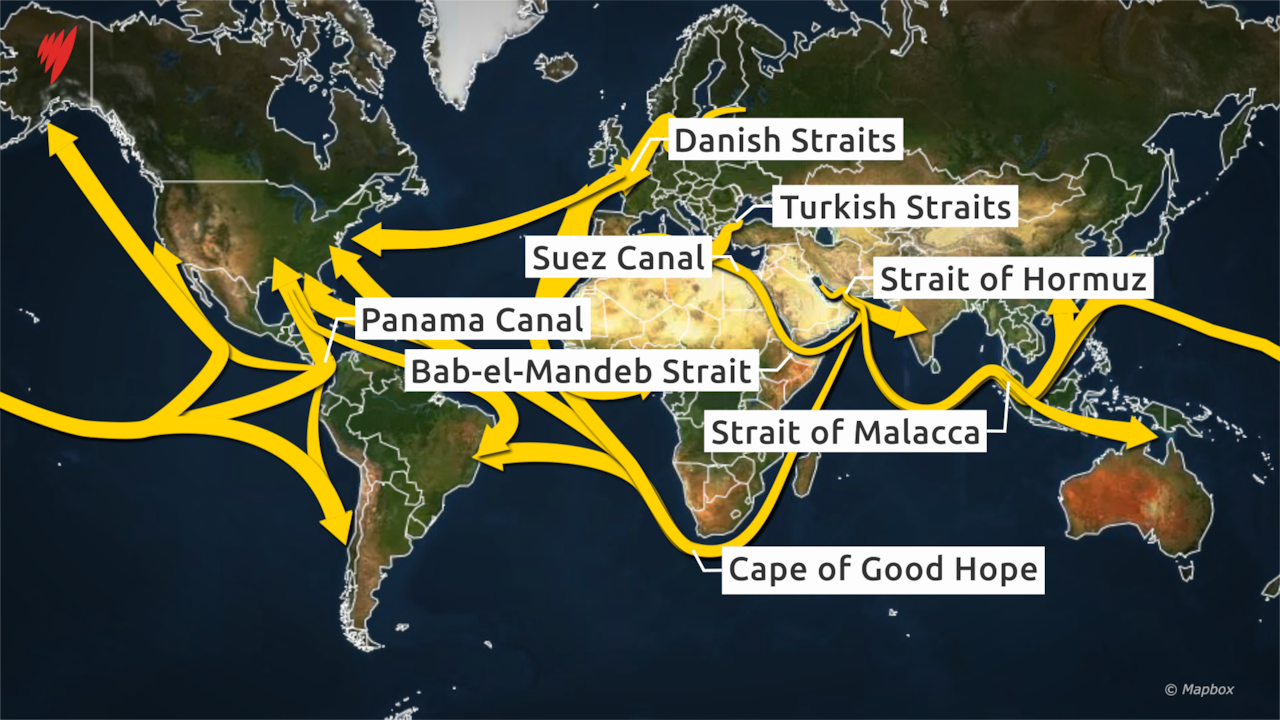 A map showing global shipping routes around the world.