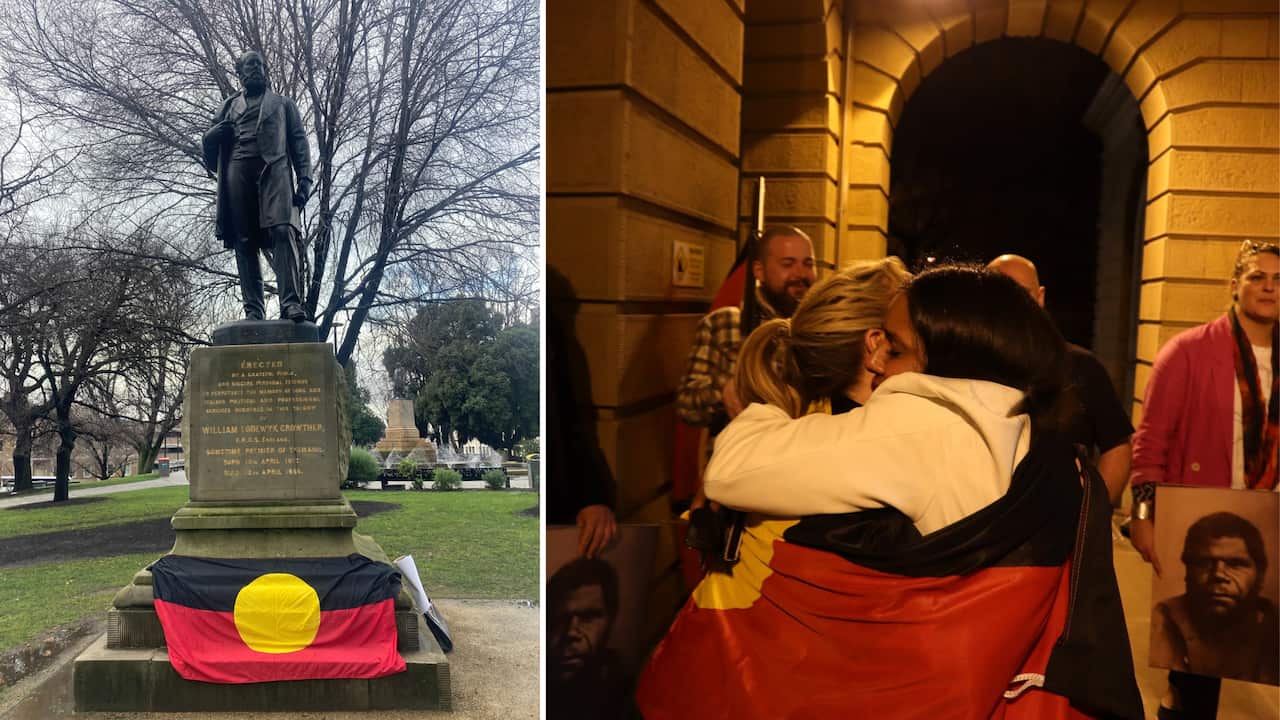 A collage: two people hugging on th right and a statue on the left. 