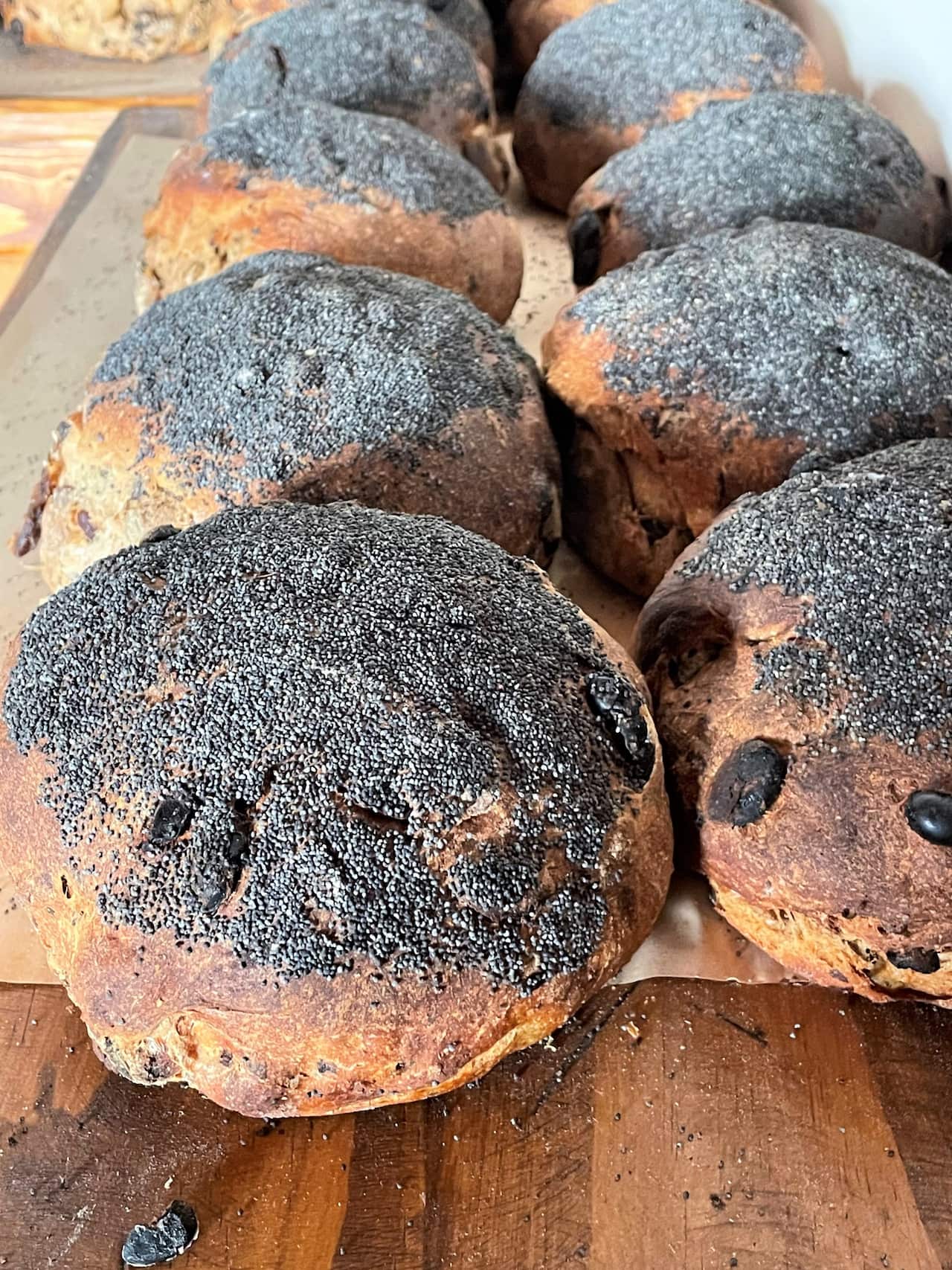 Sourdough fruit loaves sitting on a wooden bench.