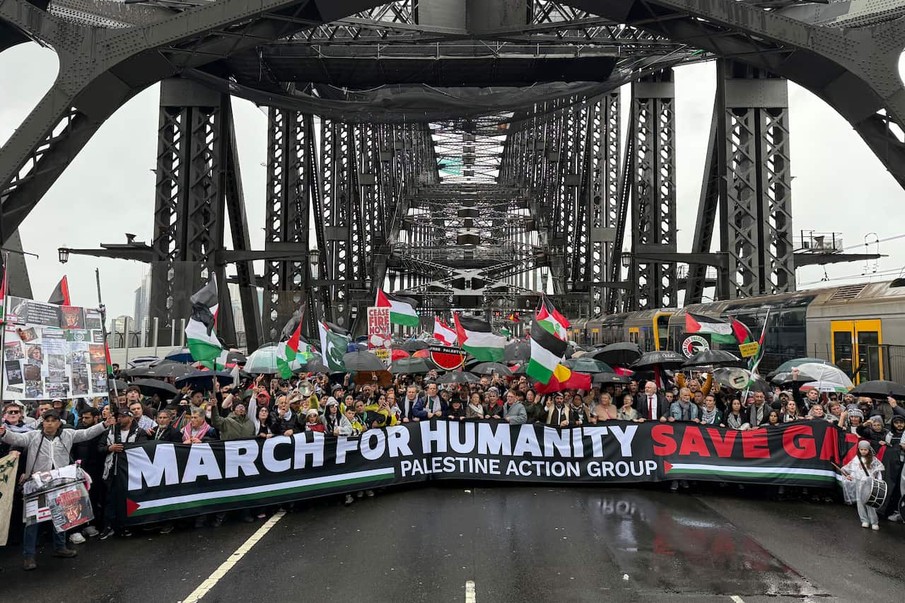 Protesters rally with a sign across the Sydney Harbour Bridge.