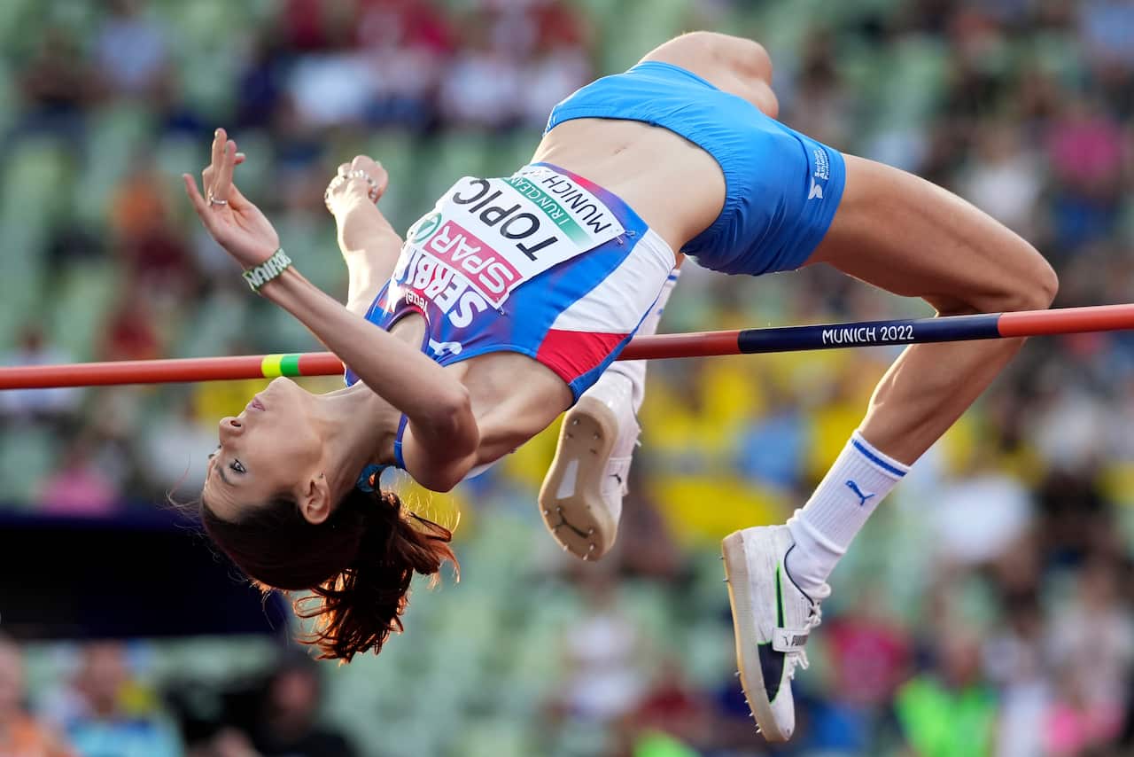 Angelina Topic of Serbia makes an attempt in the women's high jump final at the European Championships in Munich