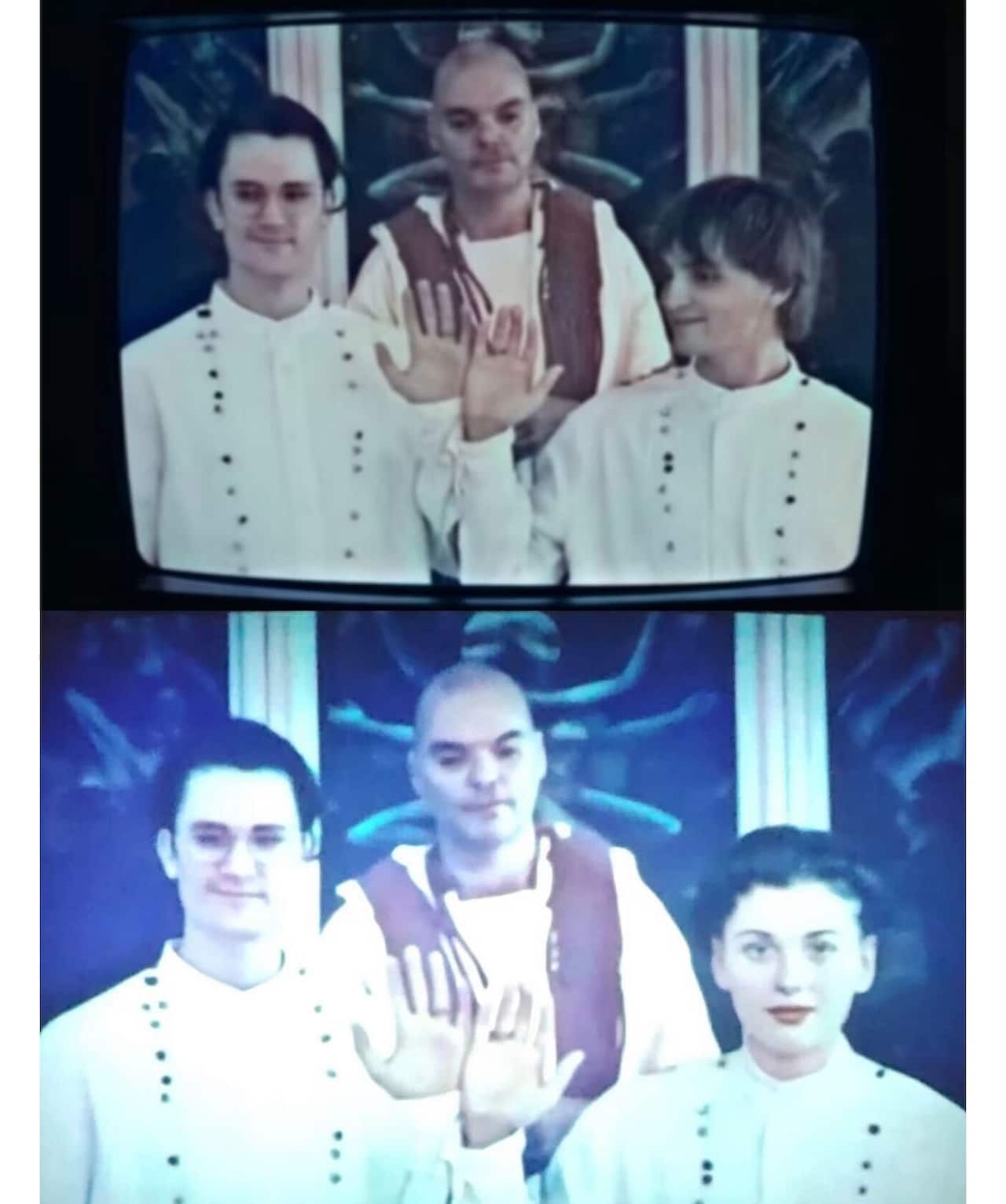 Two versions of an image featuring three people in white robes, one of which has been digitally altered to replace a man's face with a woman's.