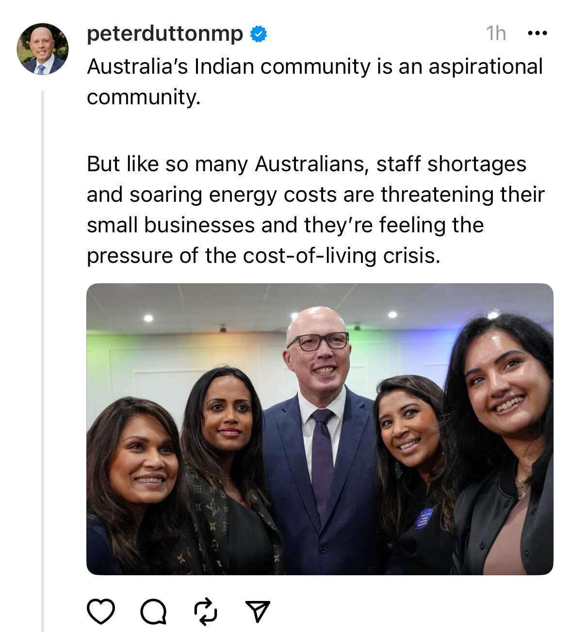 A social media post from Peter Dutton with a photo of him and four Indian-Australian women