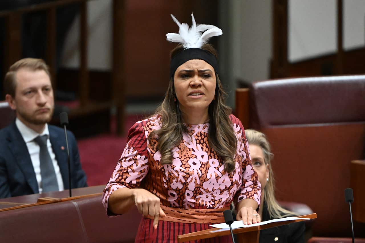 Woman wearing a dress and a black headband featuring white feathers standing and speaking in the Senate chamber.
