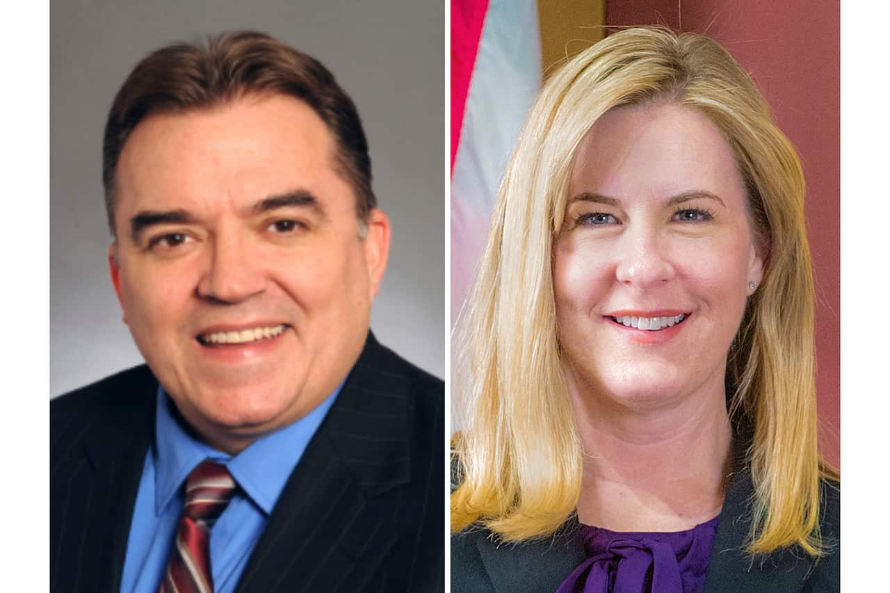 A split image of a man with short dark hair wearing a suit and tie and a woman with shoulder-length blonde hair