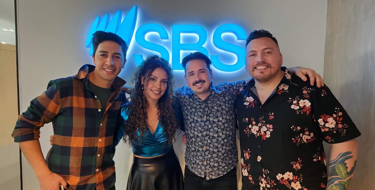 Members of the Chilean cumbia band, 'Sorbo Amplio', at the SBS facilities in Melbourne.