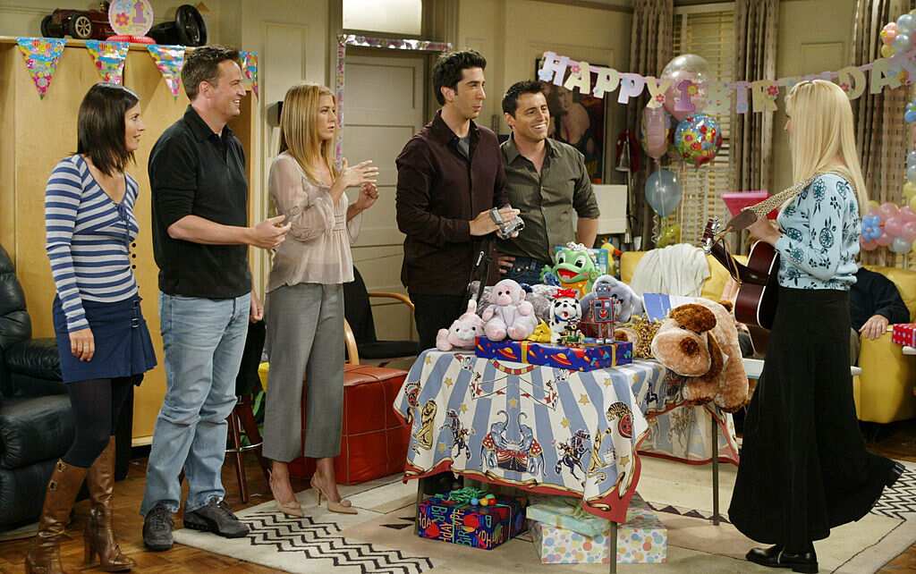 A group of actors on the set of US sitcom Friends.