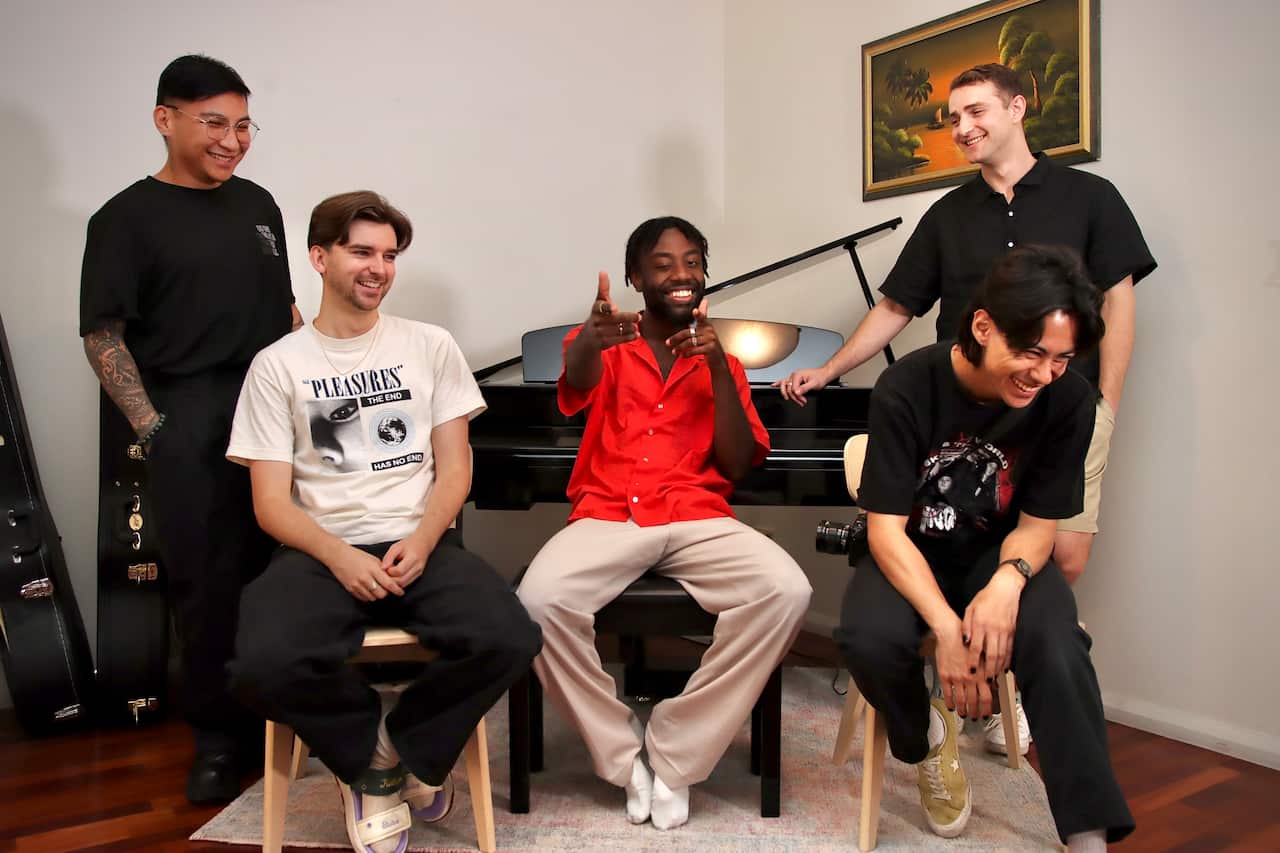 Adrian Dzvuke and mates at his home studio in Northbridge, WA..jpg