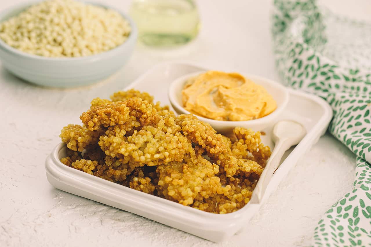 Spiced Couscous Clusters with Garlic Pickle Dip
