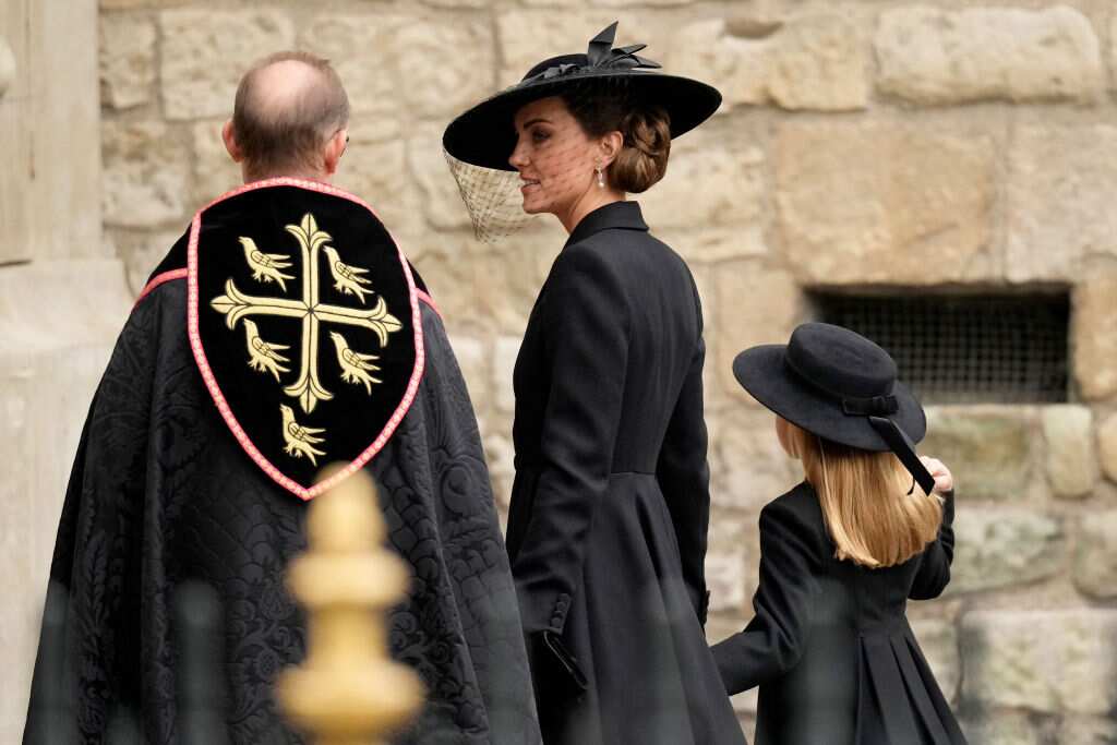 Catherine, Princess of Wales arrives at Westminster Abbey for The State Funeral of Queen Elizabeth II. 