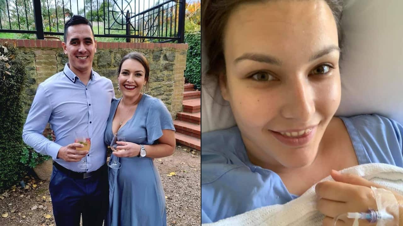 Composite image of a couple smiling and a woman in a hospital bed.