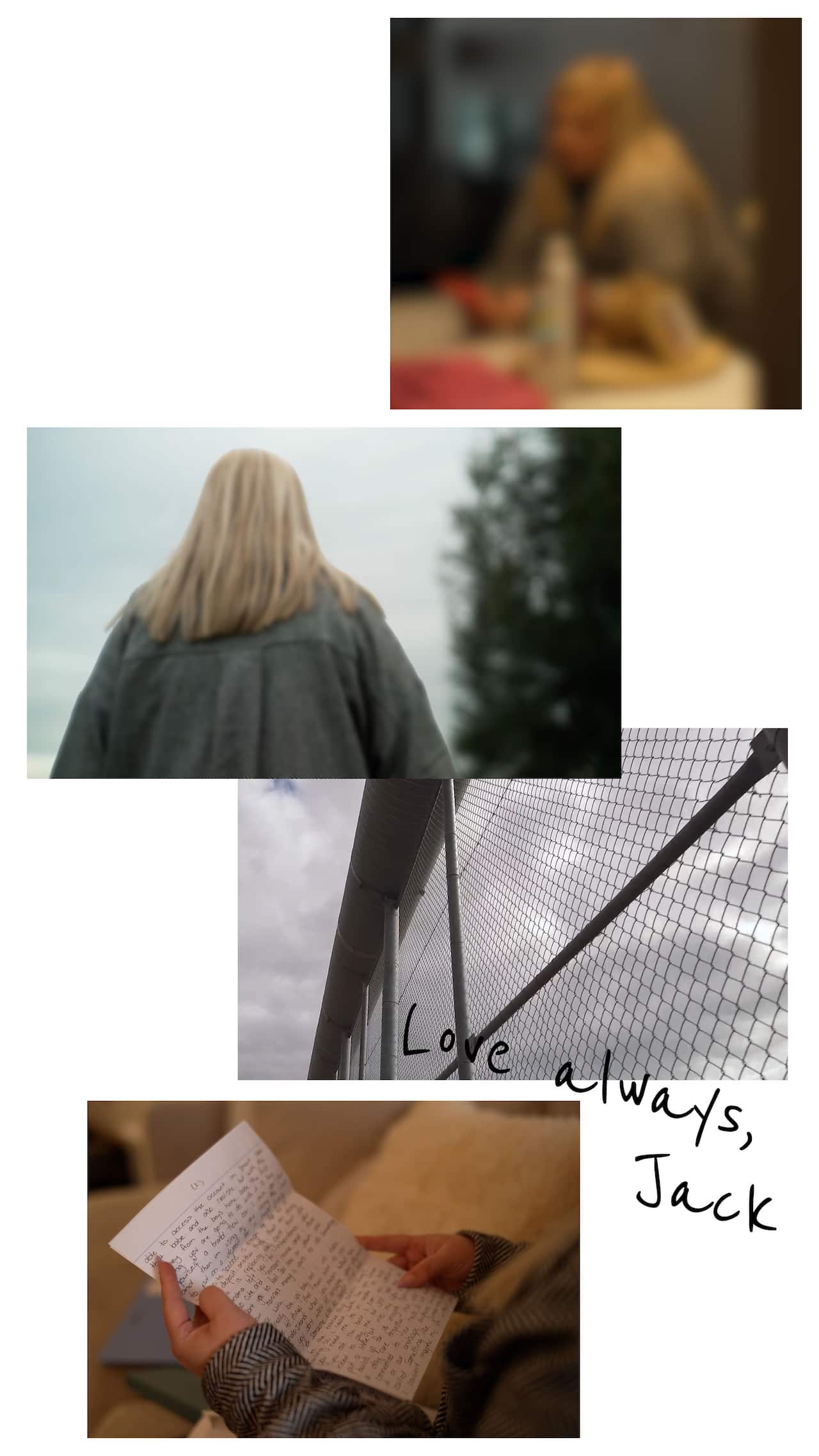 A collage of a woman's back, a woman reading a letter, a jail. 