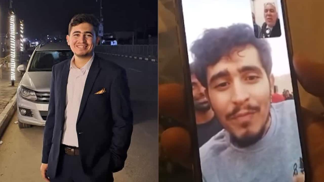 This composite image contrasts a well-dressed young man smiling at night in a suit next to a parked car (left) with a screenshot from a video call (right). The video call shows a similar young man with longer hair and a moustache, wearing a grey sweatshirt, with another man partially visible to his side and an older man in a small inset window.