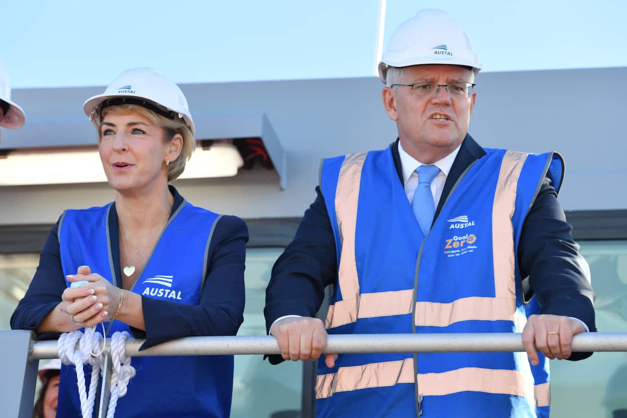 Attorney-General Michaelia Cash and Prime Minister Scott Morrison on a Cape Class Patrol Vessel during a visit Austral Ships on Day 8 of the 2022 federal election campaign in Perth.