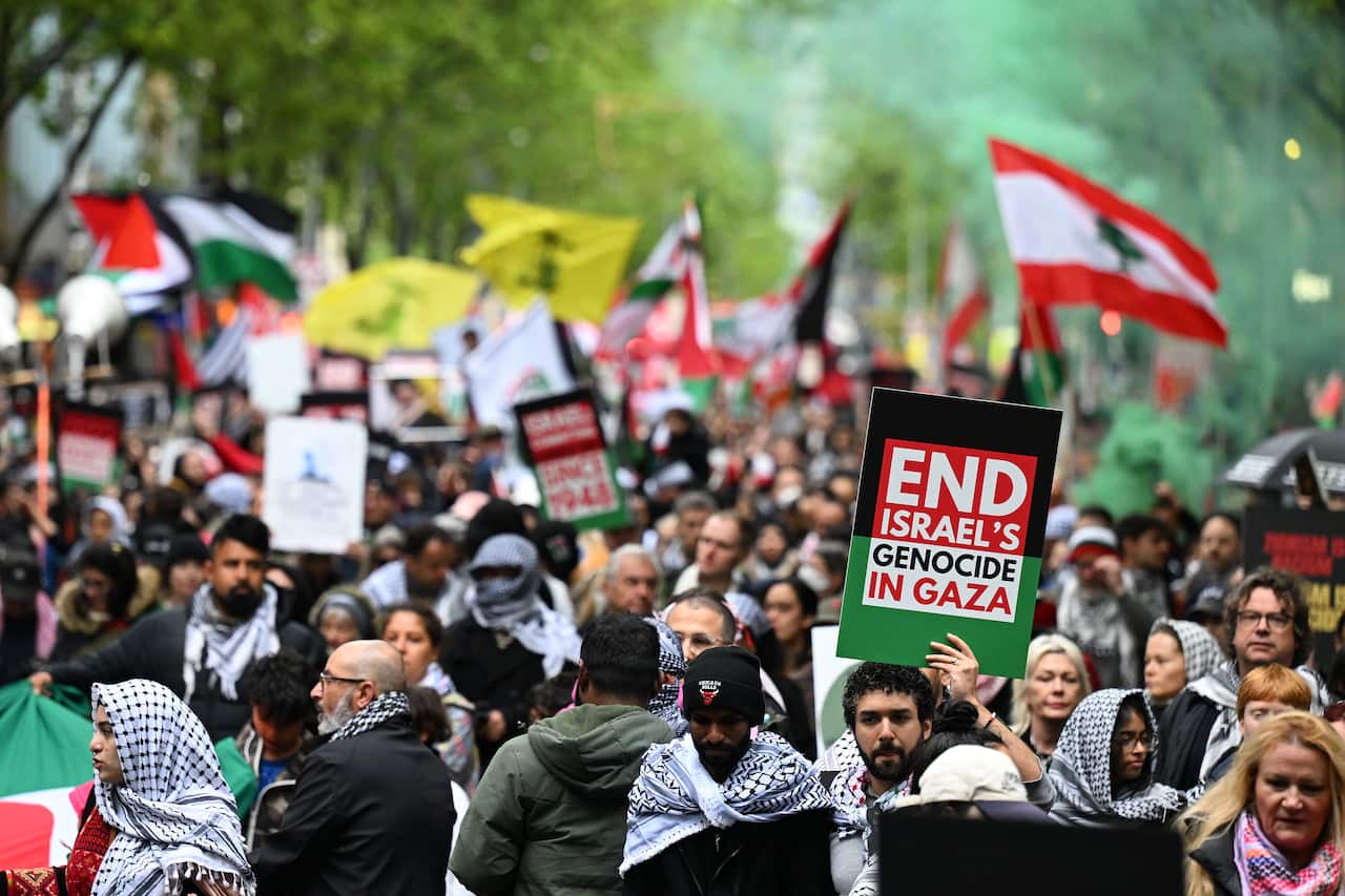 Protesters march during a Pro-Palestine rally for Gaza and Lebanon in Melbourne.