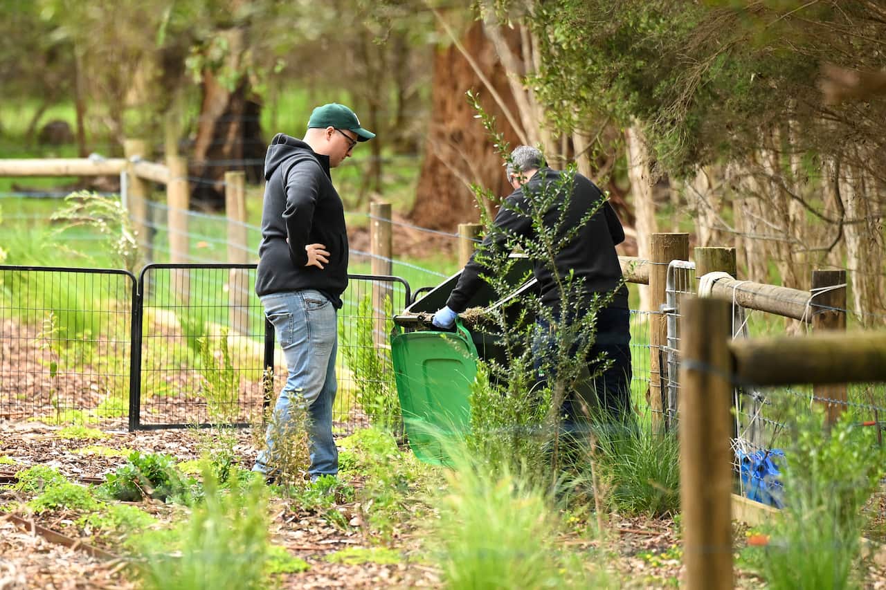 Two men inspect an organic waste bin next to a woodchip-covered garden surrounded by trees.
