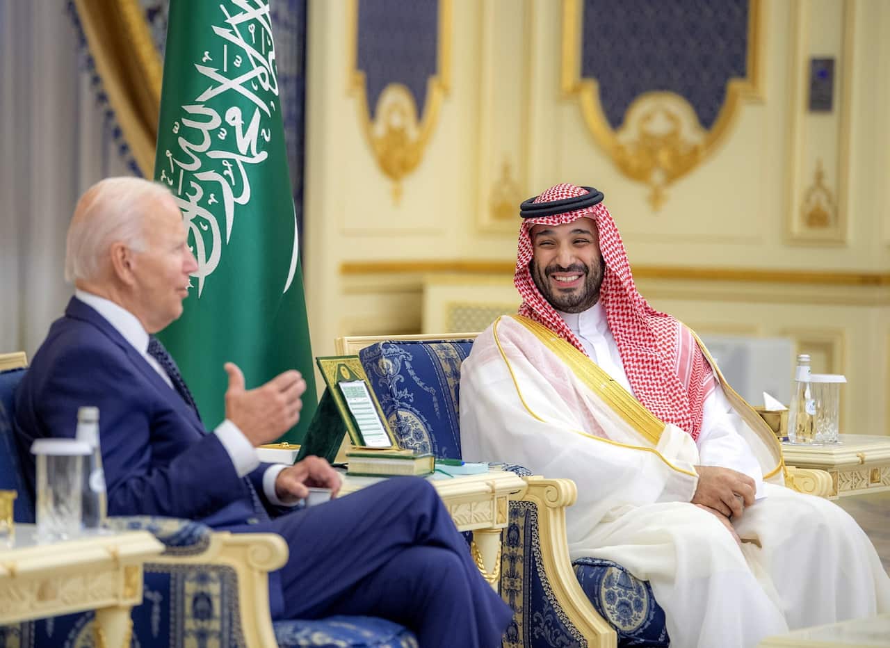 Prince Mohammed bin Salman bin Abdulaziz Al Saud (left) talks with US President Joe Biden (L) at Al-Salam Palace in Jeddah, Saudi Arabia.