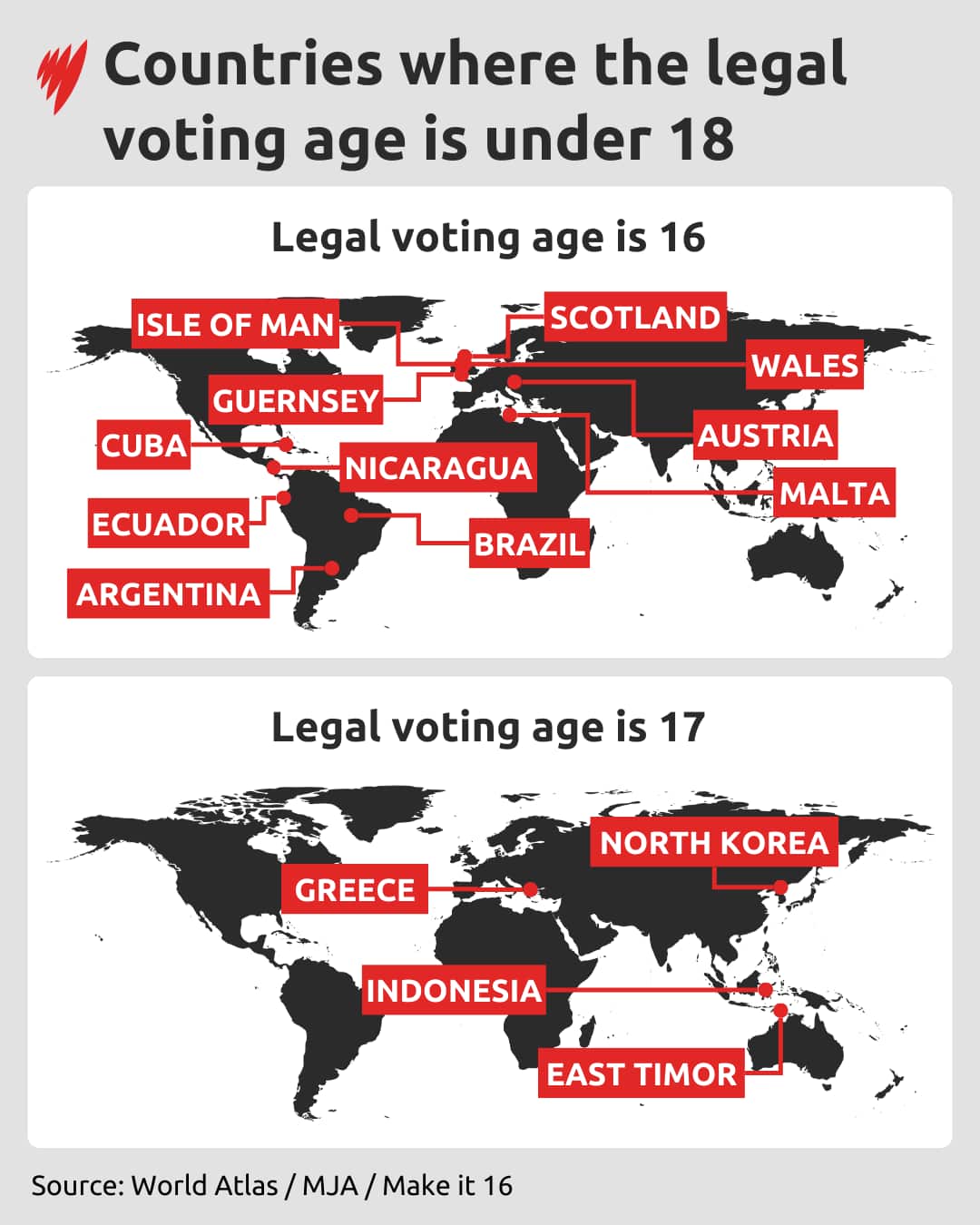 A world map labelling the countries which have lowered the voting age below 18, including Brazil, Wales, Australia, Argentina, Cuba, Ecuador, Greece and Indonesia.