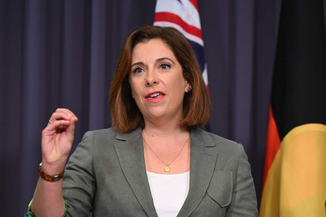 A white woman with brown hair speaking at a press conference.