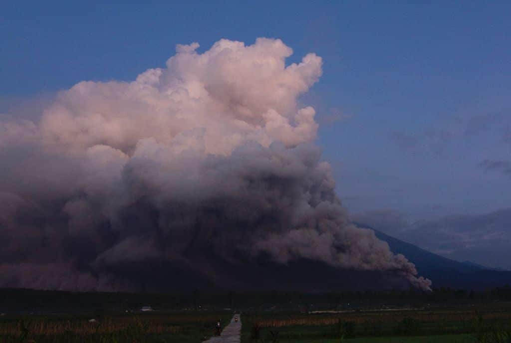 Mount Semeru spews smoke and ash in Lumajang, Indonesia.