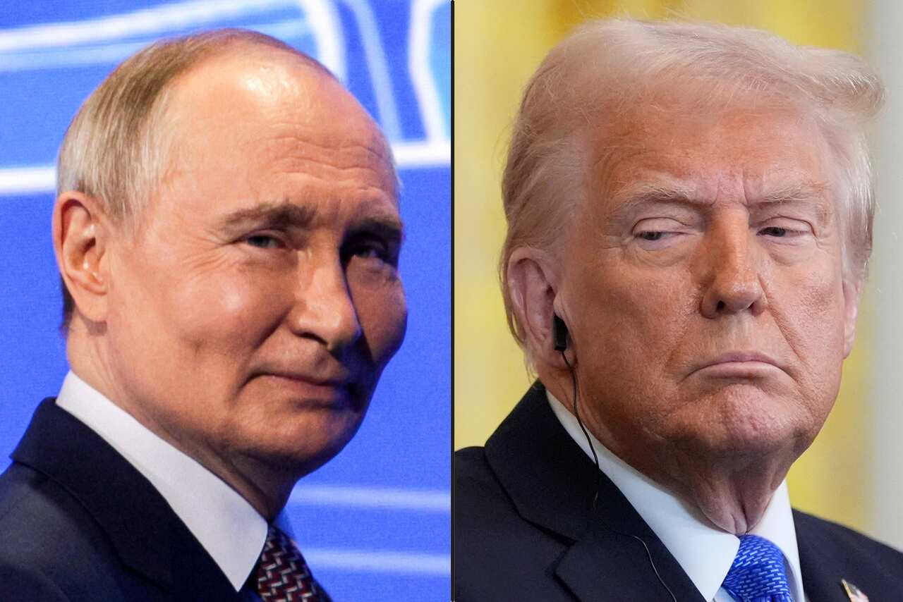 A composite image of Vladimir Putin wearing a suit and tie looking at the camera (on the left) and Donald Trump wearing a suit and tie looking glum (on the right).