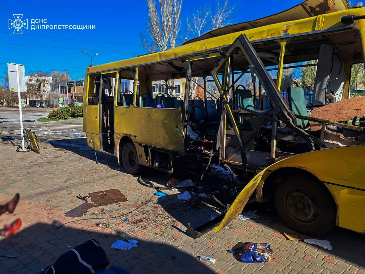 Russian strike on civilian bus in Nikopol, Ukraine