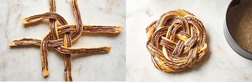 Two images show the plaiting of a babka knot underway, and the finished shape. 