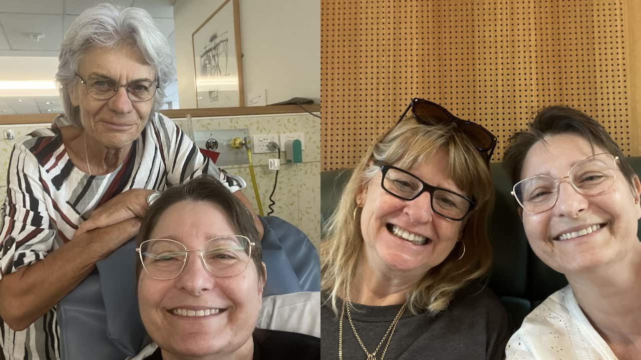 a side by side image of the same middle aged woman receiving medical treatment, with two different female friends smiling with her in the different shots