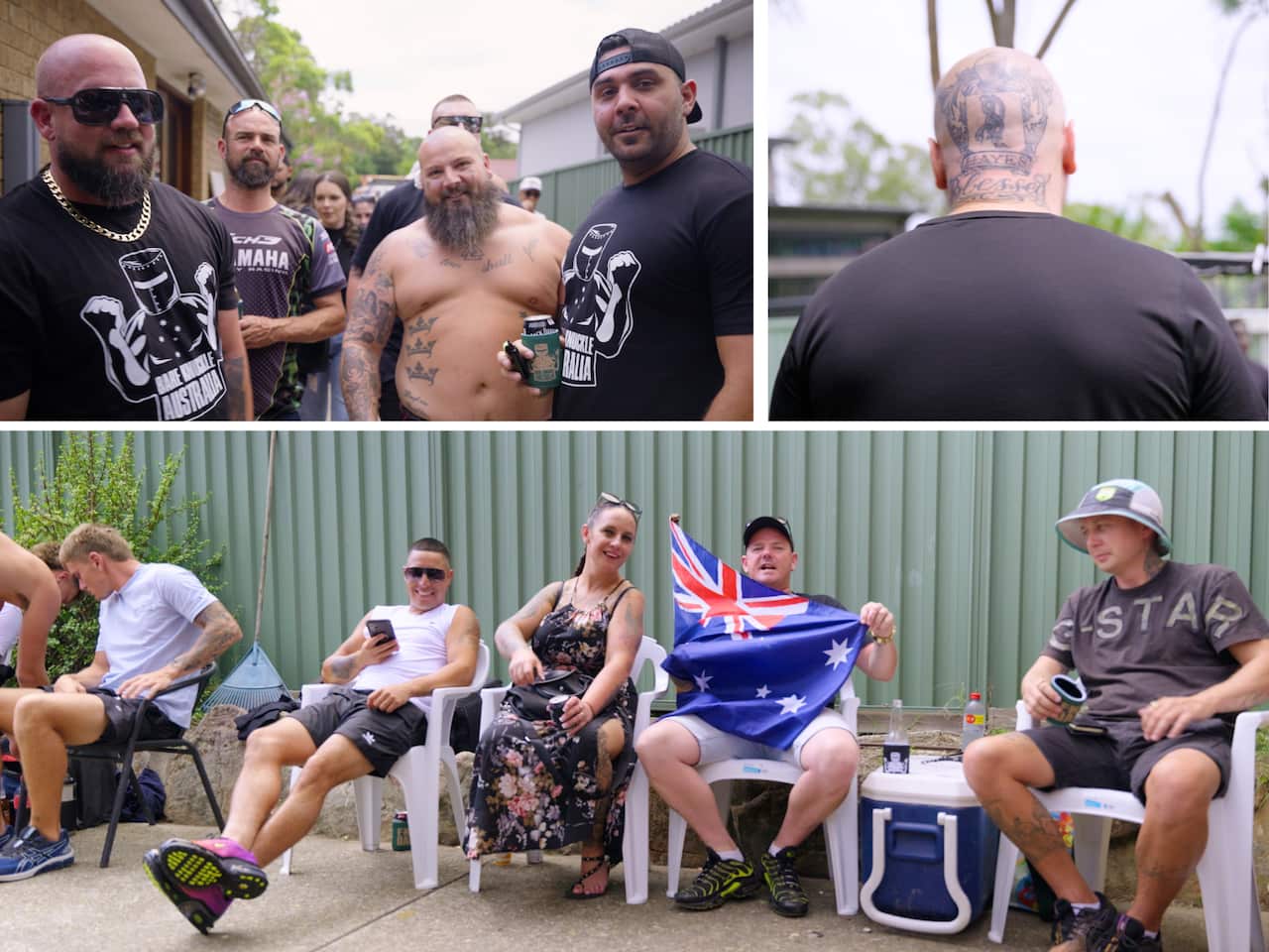A collage of people at the bare knuckle boxing event in a backyard. Some are fighting, others are watching.