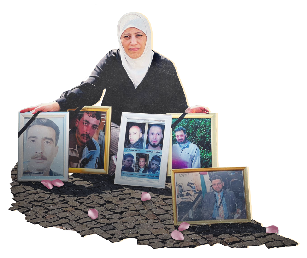 A digitally altered photo of a woman wearing a white hijab kneeling on the ground and holding portraits of several men