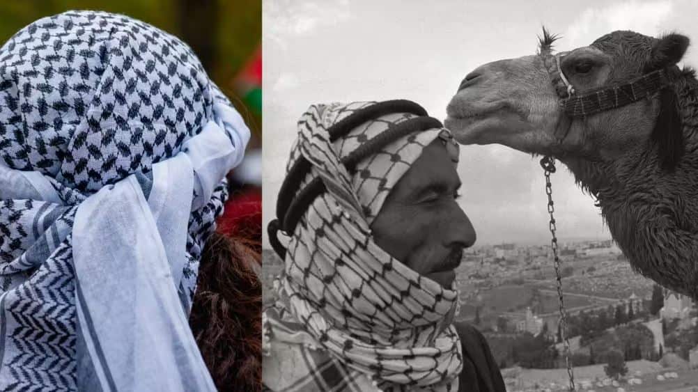A side-by-side image of two people wearing keffiyehs.