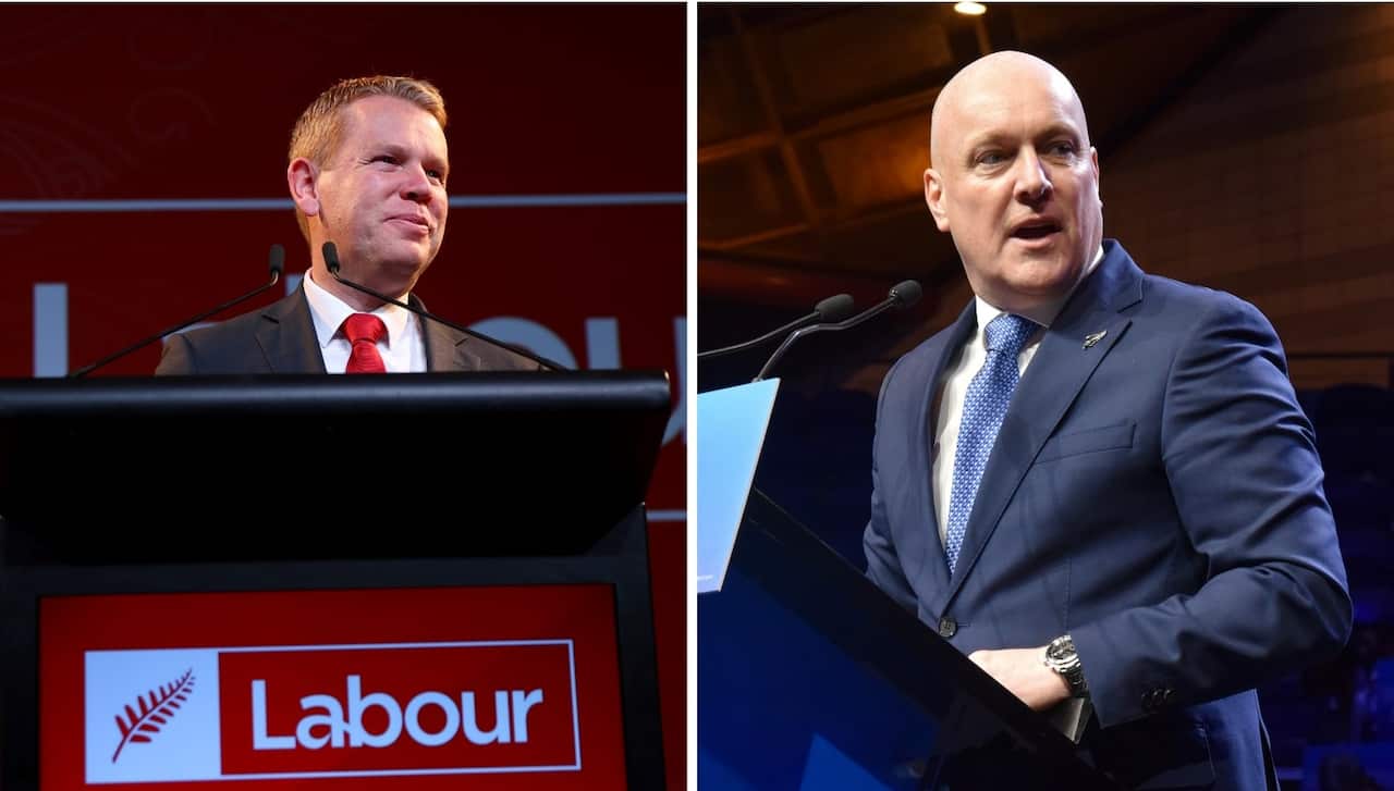 A man in front of a red podium that reads Labour and a man at a blue podium.