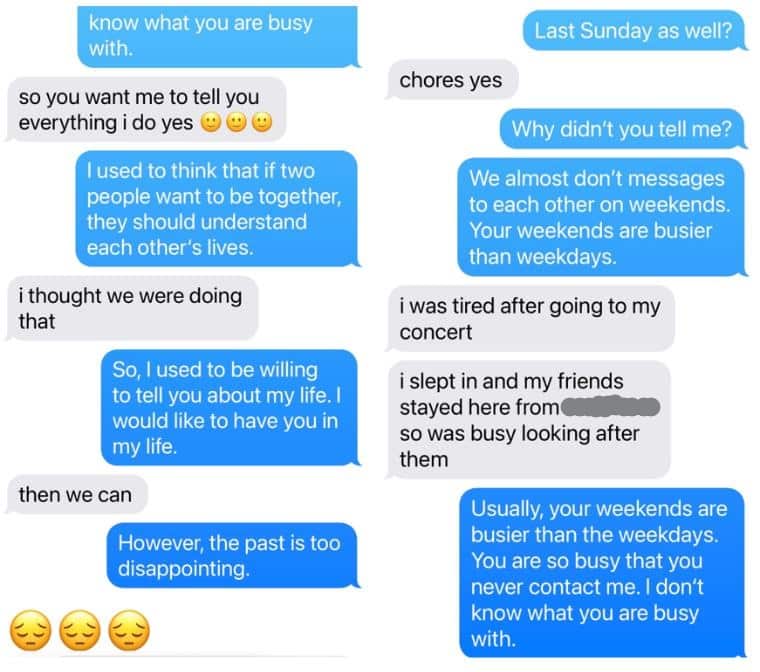 A text exchange between two people