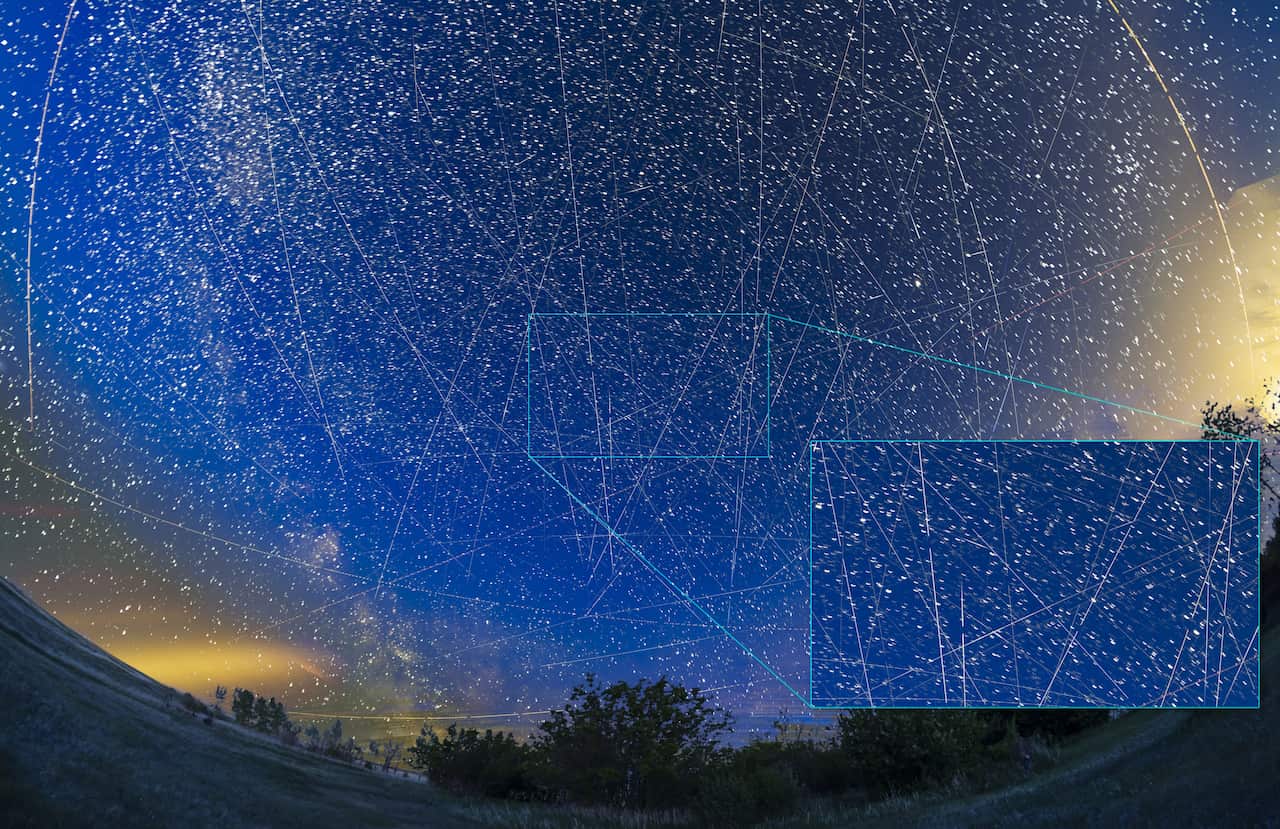Dots of light in the night sky.