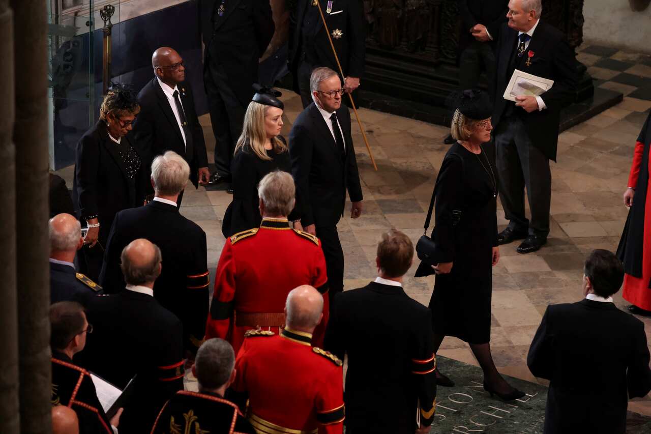 Australia's Prime Minister Anthony Albanese arrives at the Westminster Abbey with his partner Jodie Haydon.