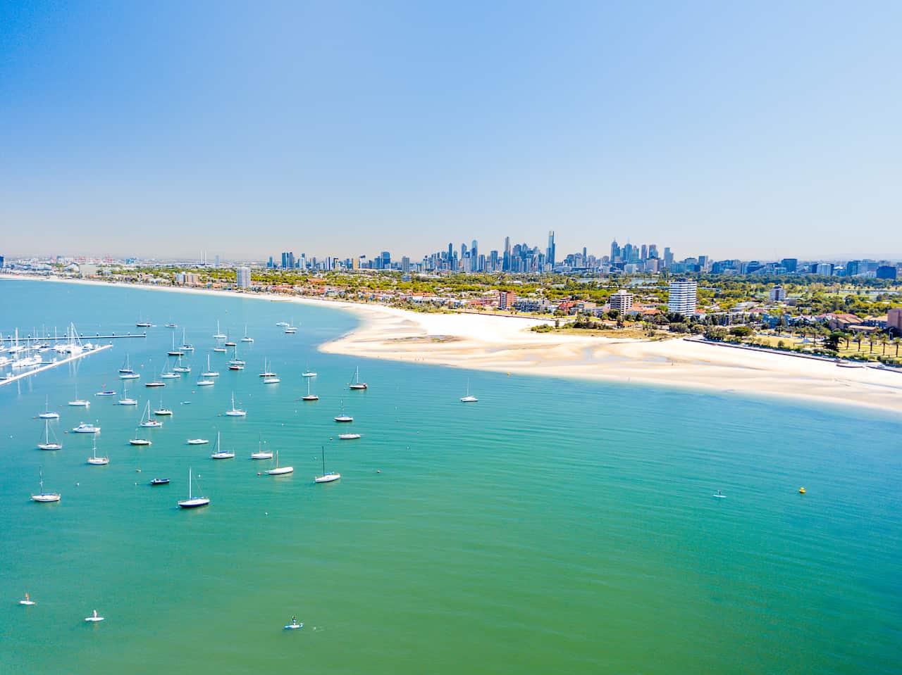 St Kilda Pier aerial view with Melbourne City in the background
