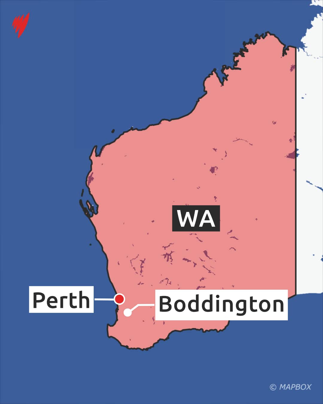 A map of WA, highlighting Perth and the town of Boddington to the south