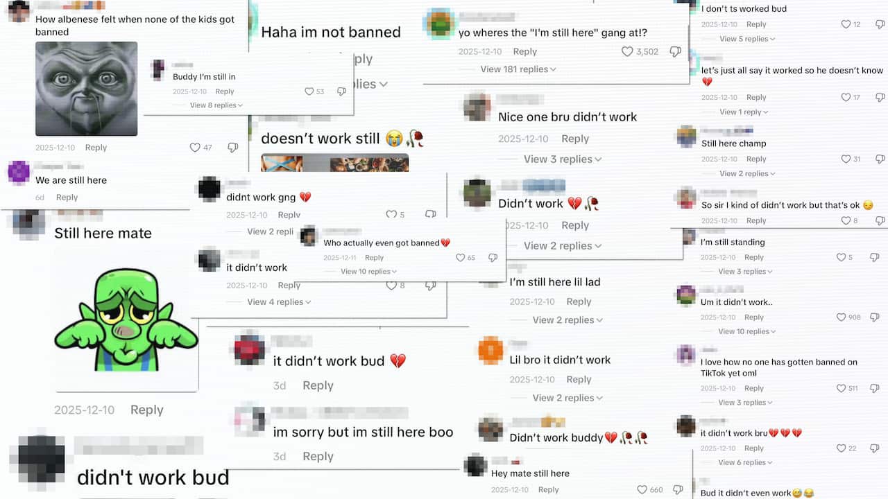 Several different comments from social media users under 16 on Tiktok stating they still have access to social media.