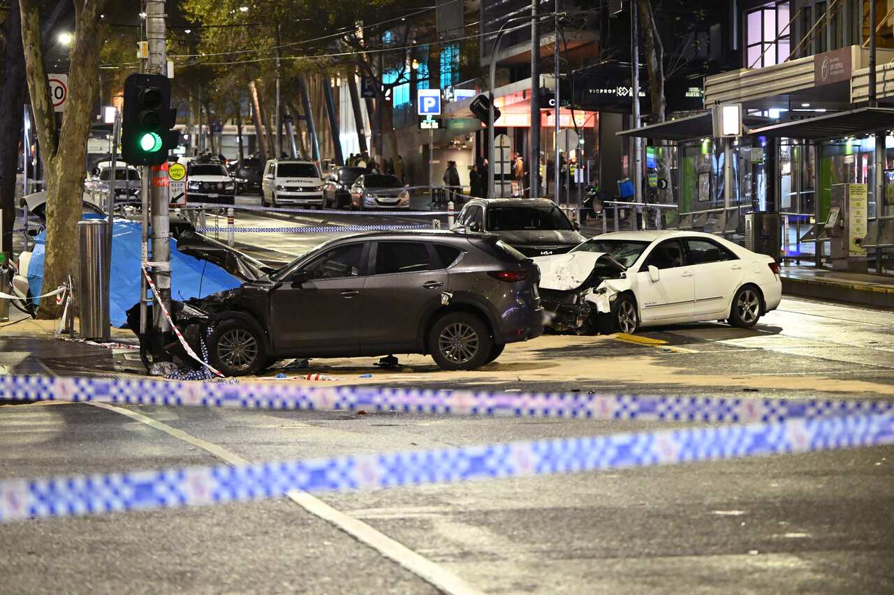 The scene of a multi-vehicle incident involving pedestrians on the corner of Burke and Russell Streets in Melbourne