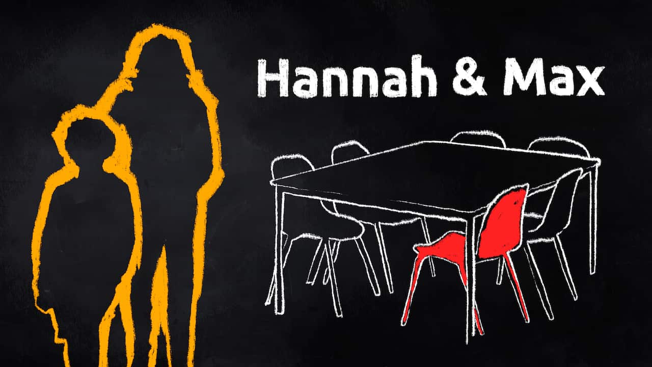 A stylised cartoon image of an adult and child standing next to a table with six chairs tucked into it. One of the chairs is red, while the others are black.