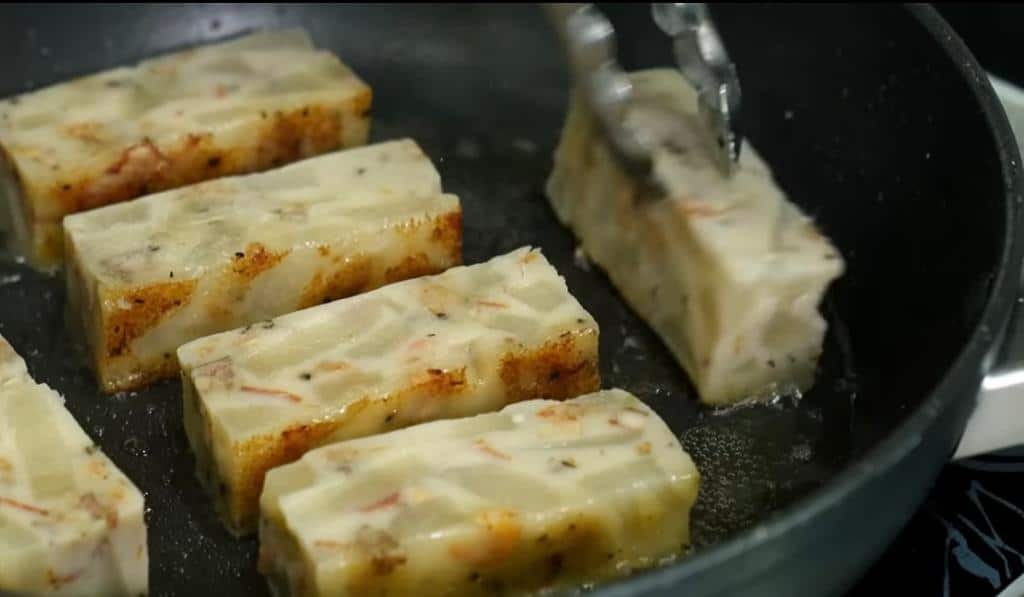 Turnip cake tastes improves with frying.