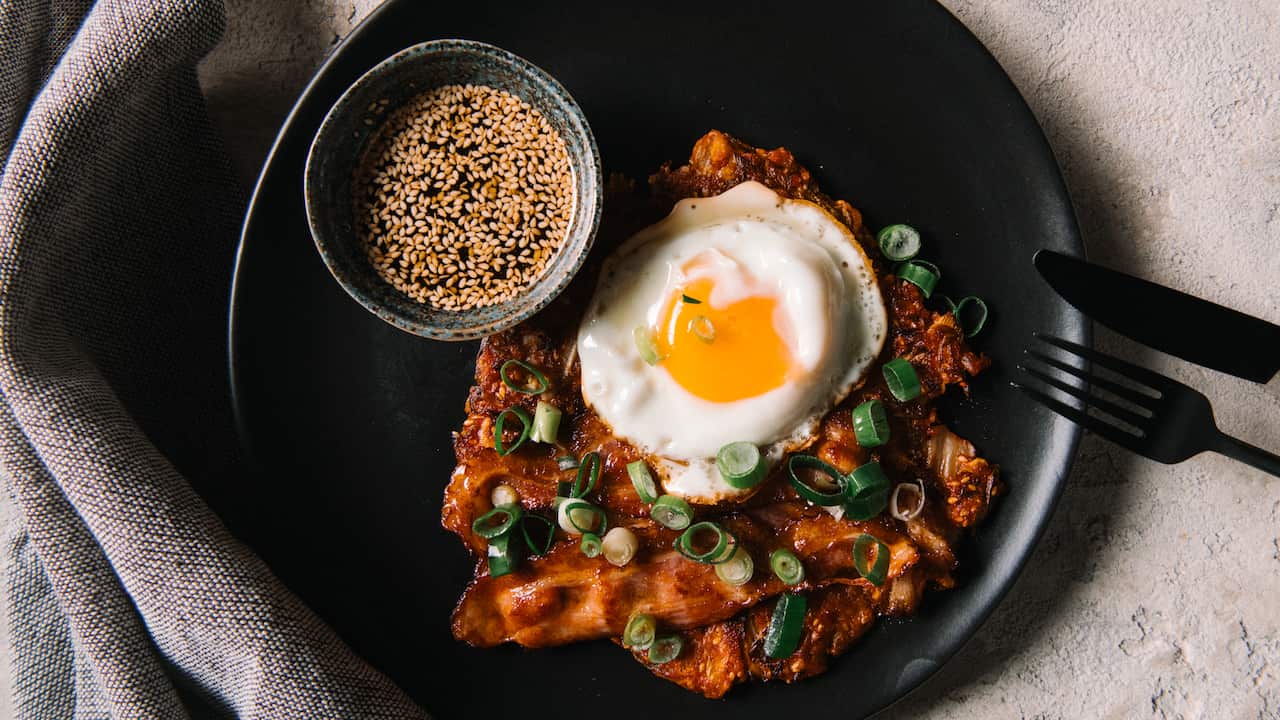 Kimchi pancakes with sriracha bacon