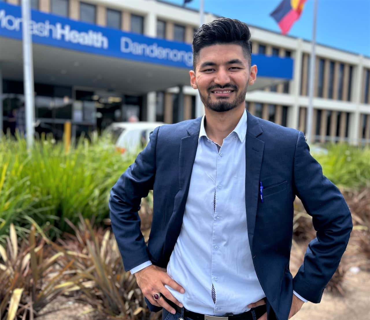 Dr Kumail Jaffry standing outside Dandenong Hospital.
